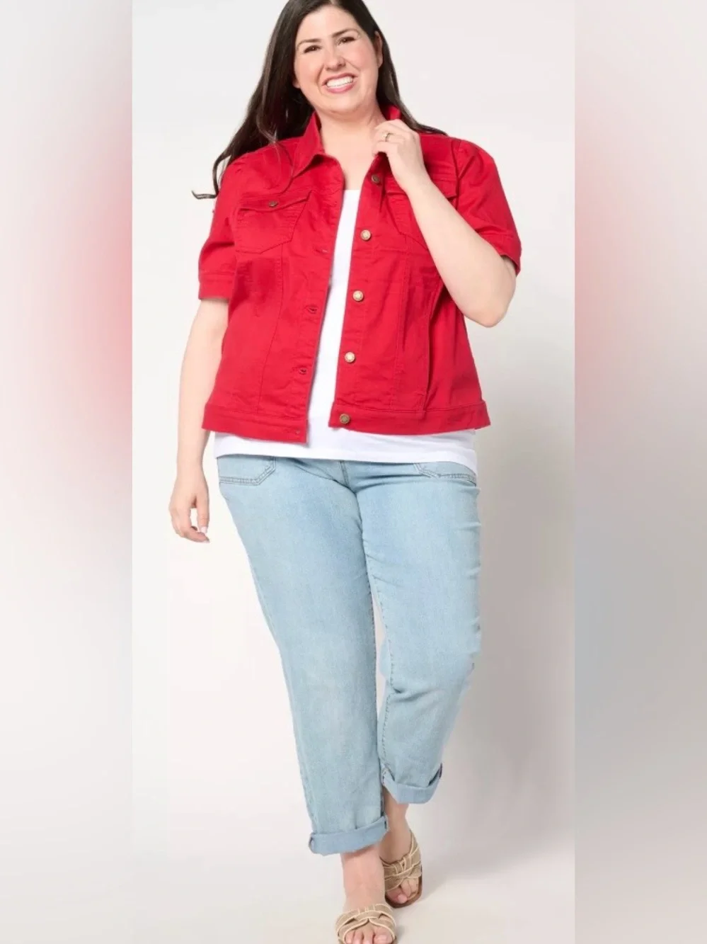 Belle Kim Gravel Red Short-Sleeve Denim Jean Jacket Women 2X - Picture 11 of 12